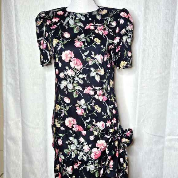 Maggie Breen Dresses & Skirts - Maggie Breen Vintage Cotton Drop Waist Black Floral Cottegecore Tea Length Dress
